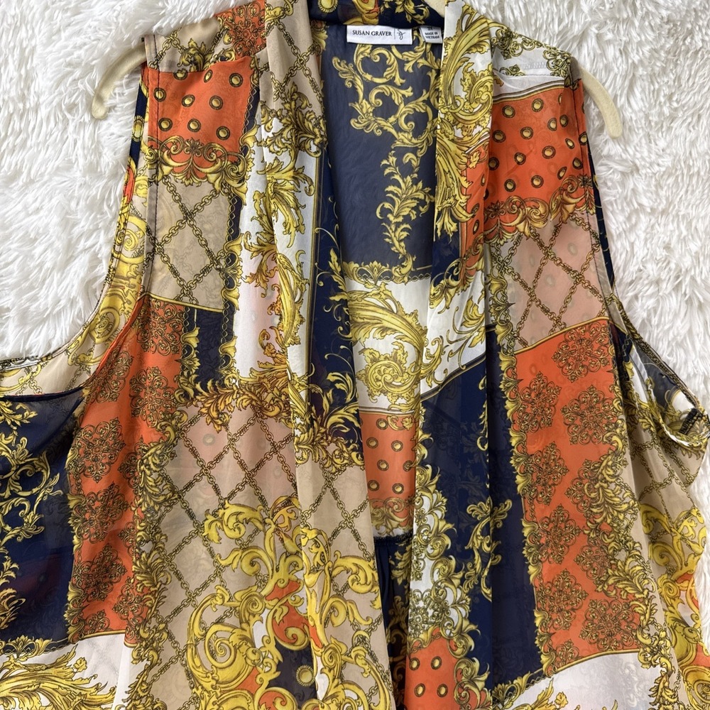 Susan Graver 3X Sheer Floral Kimono Open Front Sleeveless Boho Baroque Pattern - Picture 3 of 10